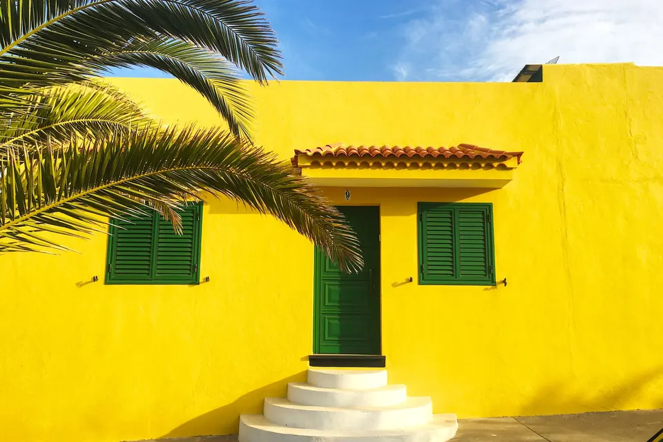 Façade jaune aux volets verts, marches blanches et palme au premier plan